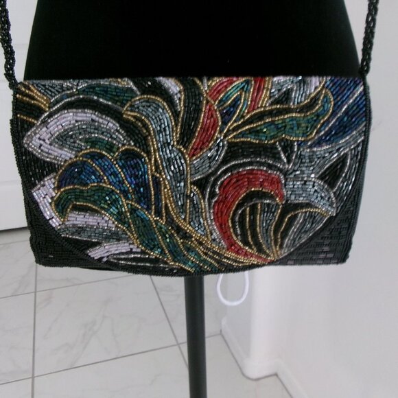 Vintage Beaded Art Deco Style Crossbody Purse Shoulder Bag Multi Color Black Red - Picture 3 of 13